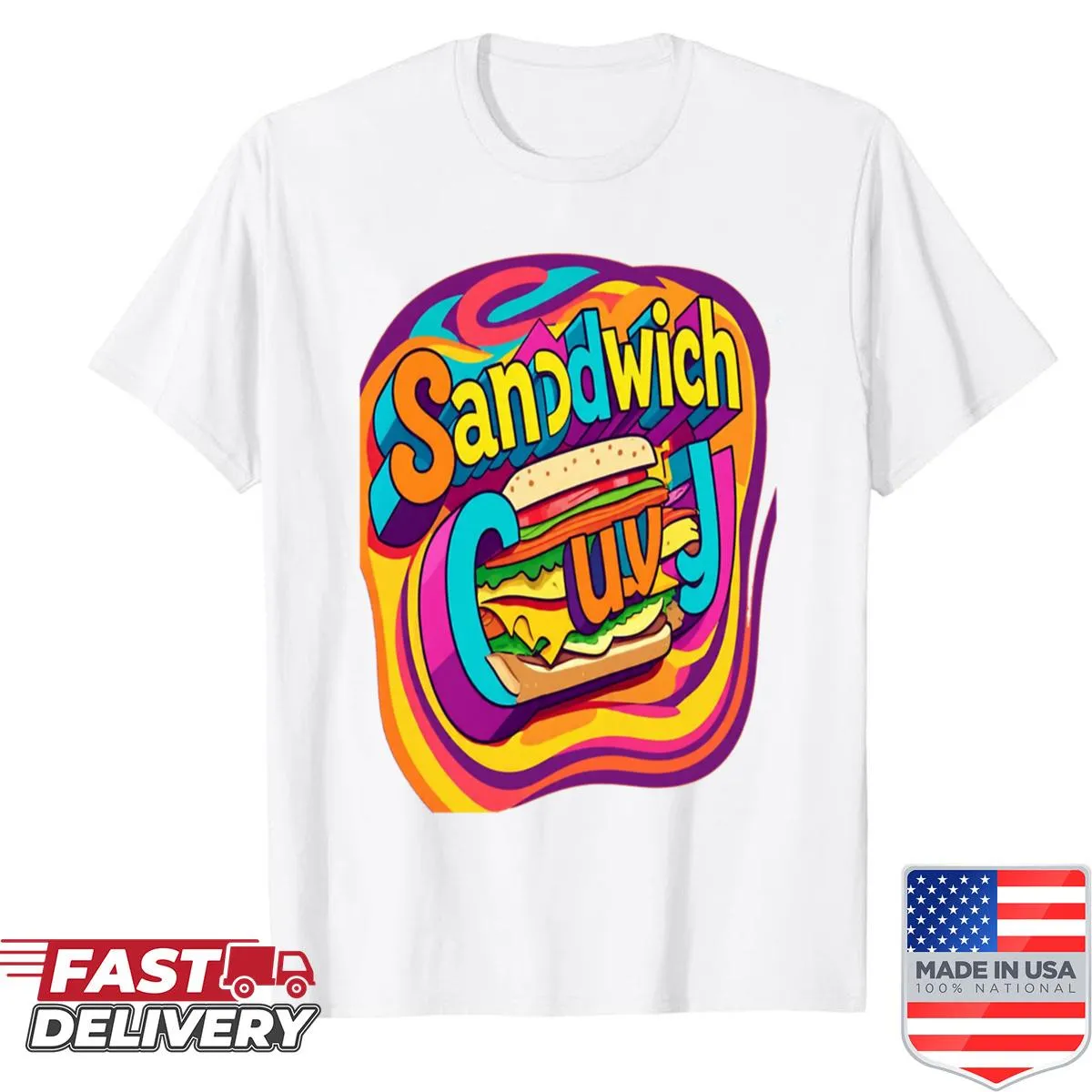 T-shirt featuring an optical illusion of a sandwich guy