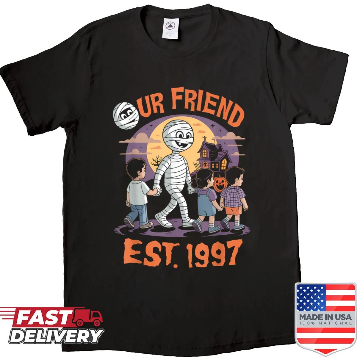 Vintage-style Halloween shirt featuring a friendly mummy design