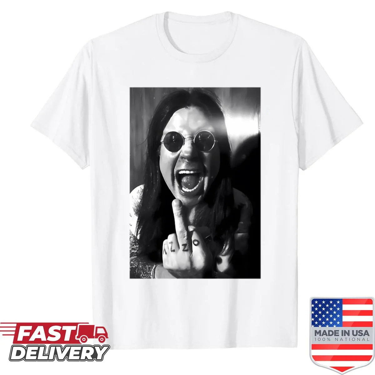 T-shirt with a humorous graphic of Ozzy Osbourne giving the middle finger