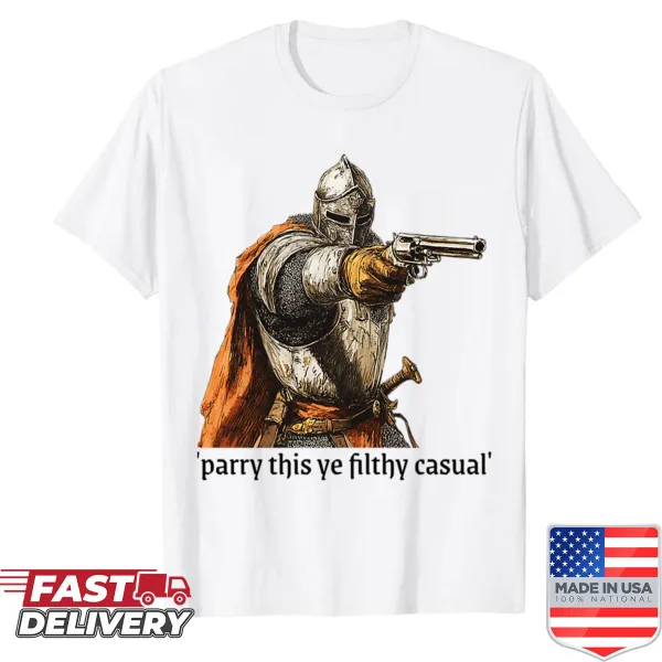 Medieval knight with gun and meme text on T-shirt
