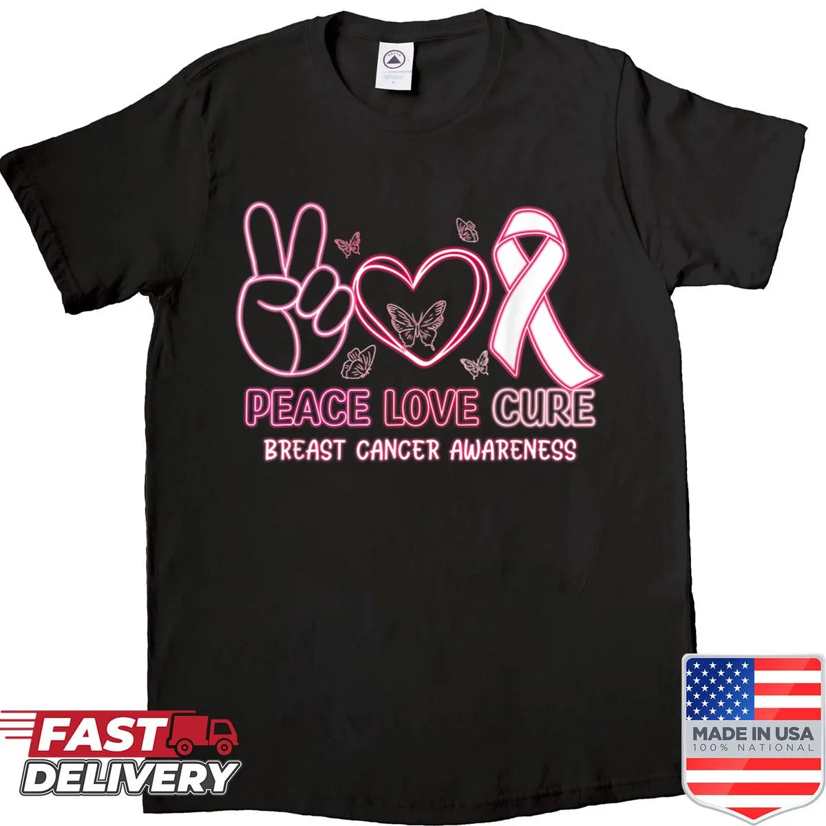 Shirt featuring 'Peace Love Cure' with a pink ribbon for breast cancer awareness