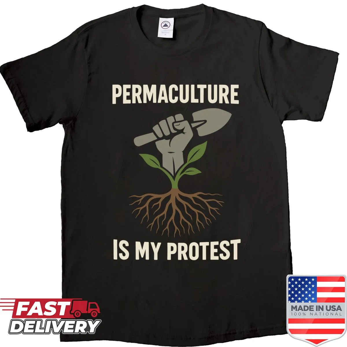 Illustrative permaculture gardening shirt promoting sustainability