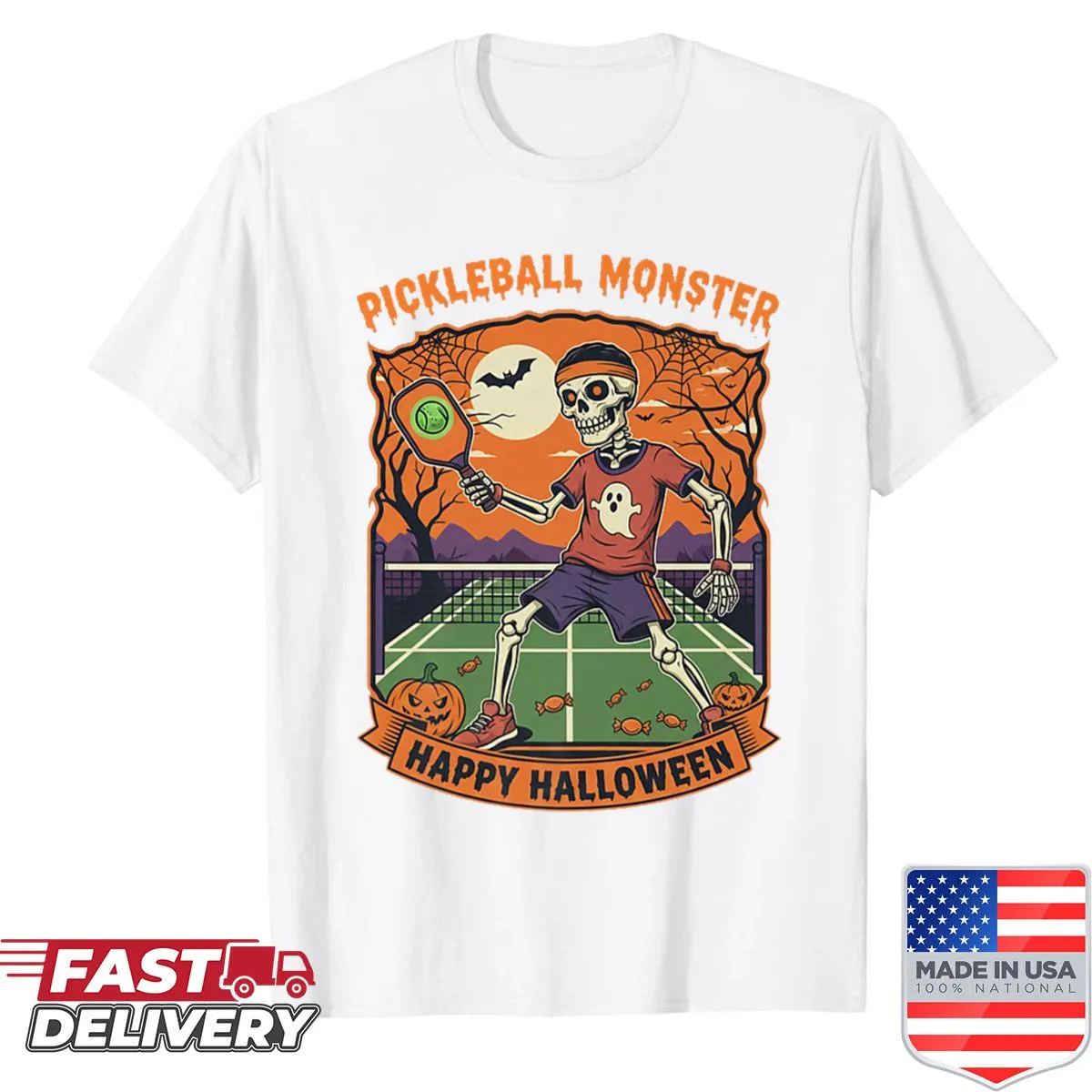 Cartoon skeleton playing pickleball for Halloween
