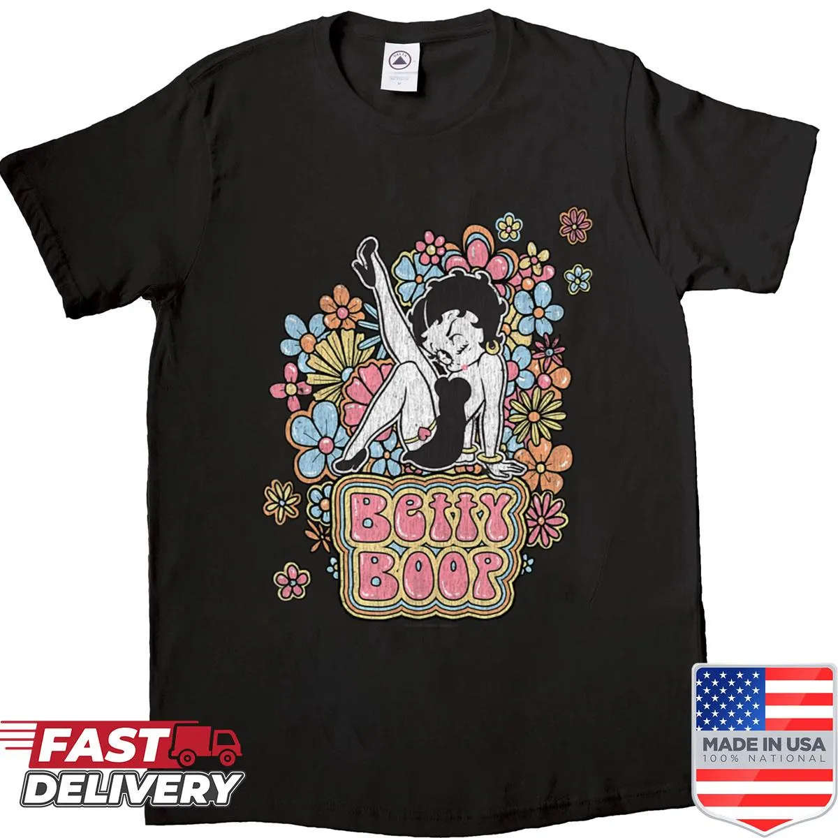 Vintage cartoon-inspired pin-up fashion graphic shirt.
