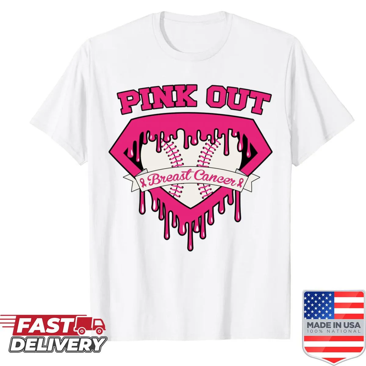 Breast cancer awareness shirt with pink drip design.