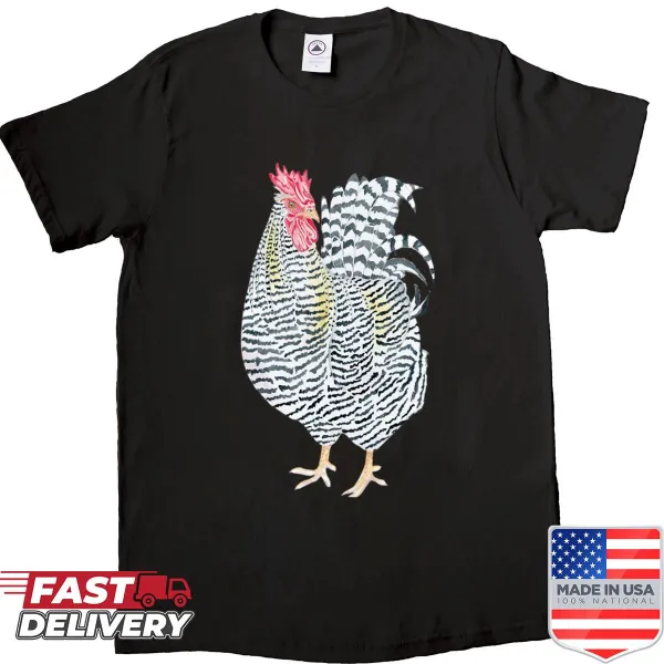 Illustrated Plymouth Barred Rock rooster on a casual shirt