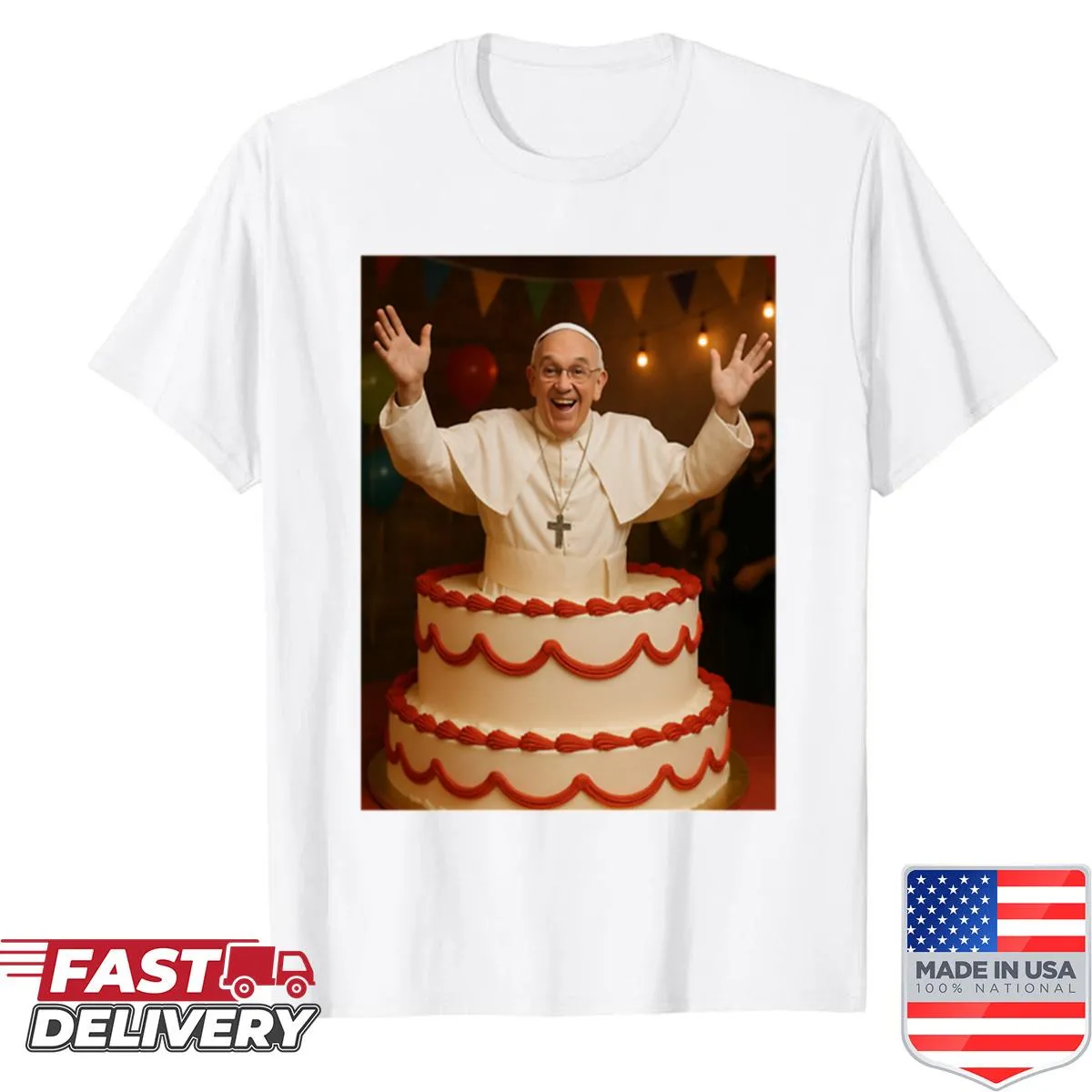 Funny birthday t-shirt featuring Pope Francis in a party hat with cake.