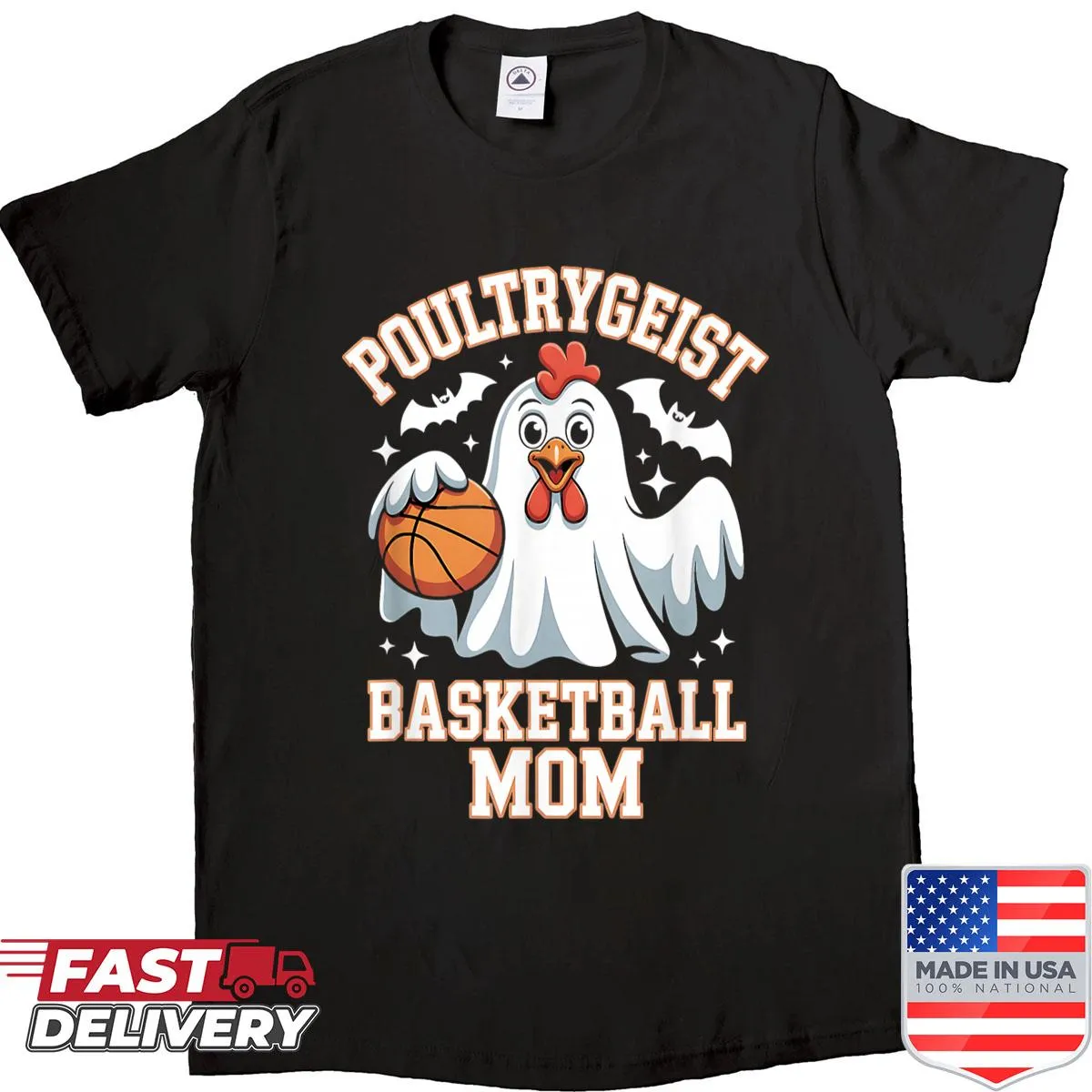 Funny ghost chicken graphic shirt for basketball moms