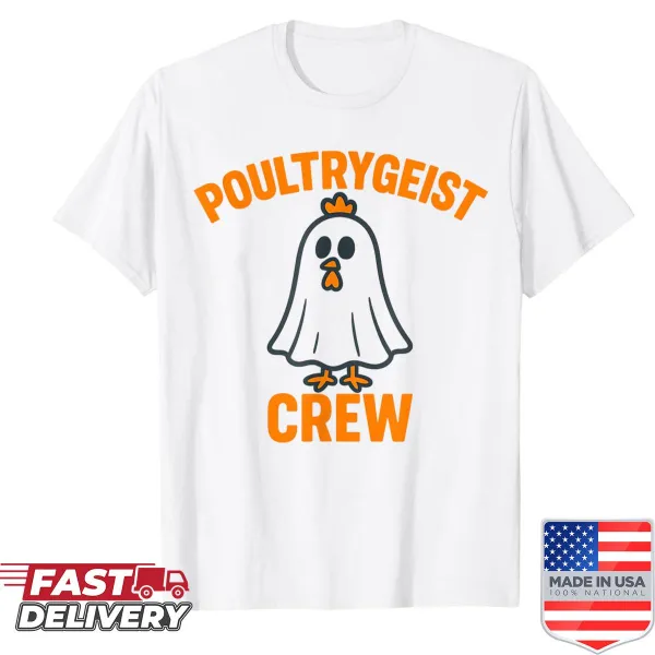 Cartoon ghost chicken design on a shirt, perfect for Halloween.
