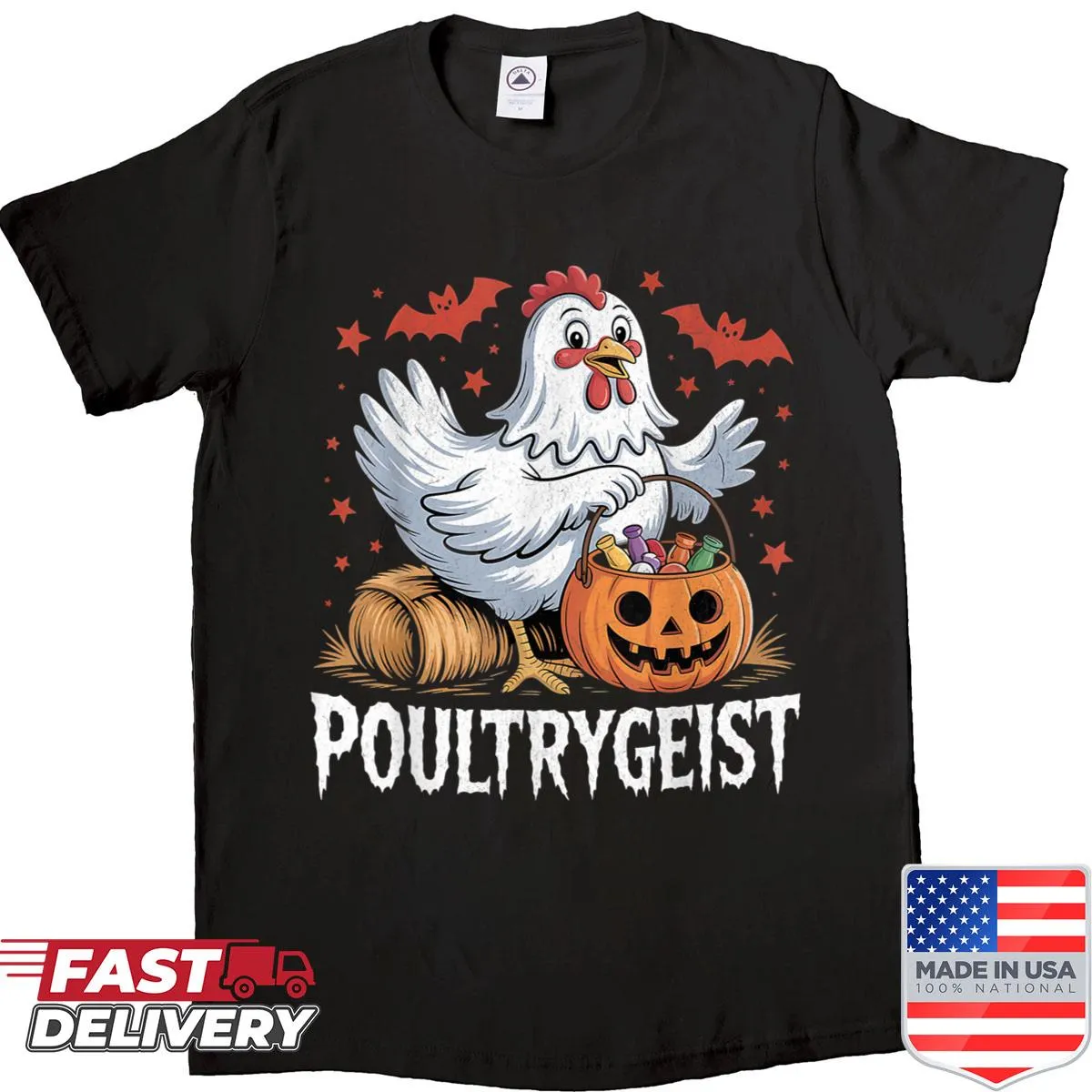 Funny Halloween shirt with a ghostly chicken design for farmers