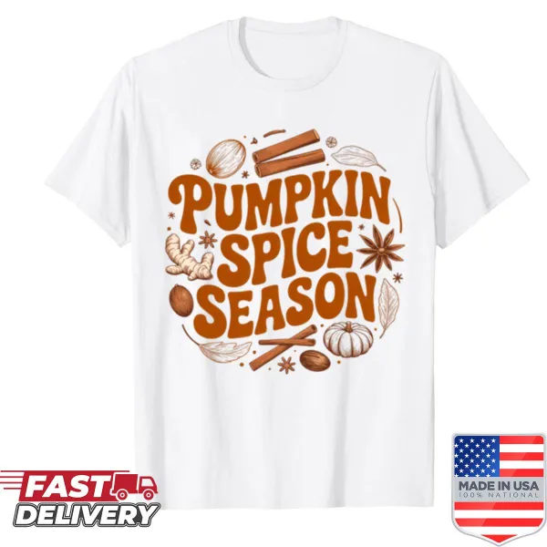 Oversized shirt celebrating pumpkin spice season with fun typography.