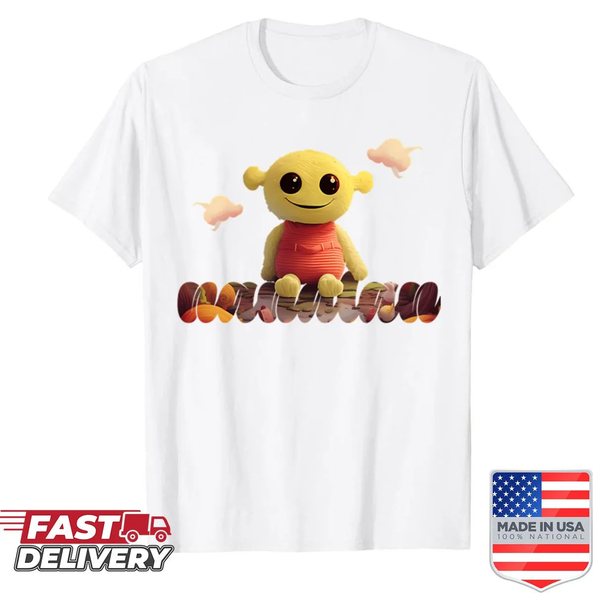 Cute cartoon green monster puppet graphic on a funny shirt.