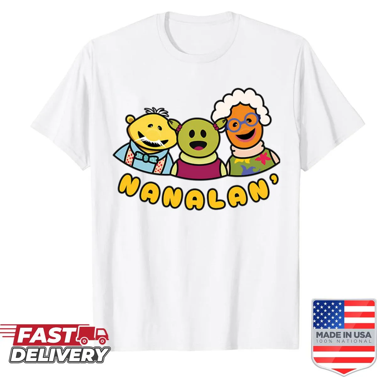 Cartoon shirt featuring a green monster with a funny face.