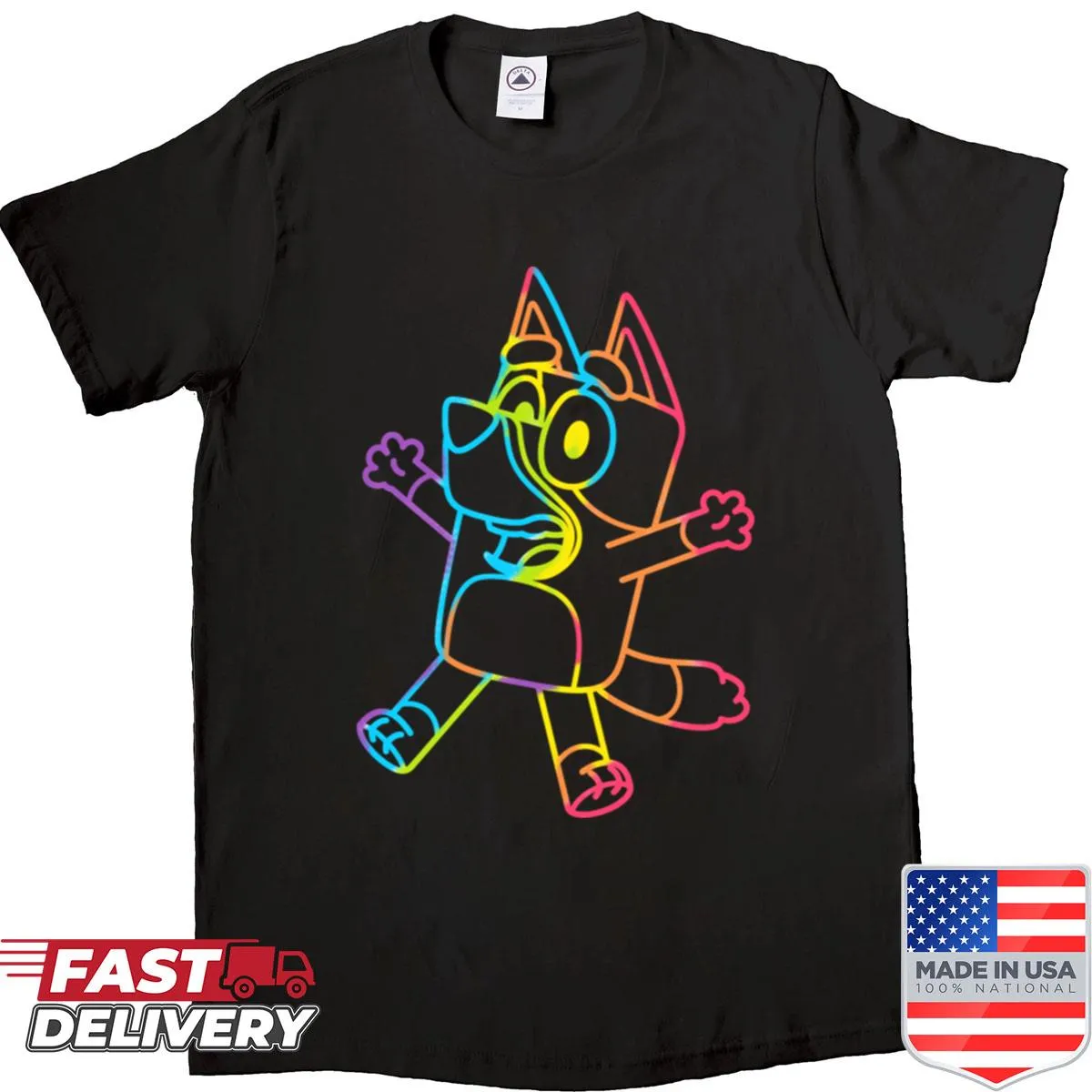 Funny shirt featuring a cartoon dog with rainbow stripes