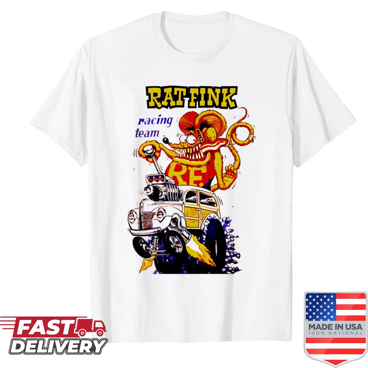Cartoon hot rod monster graphic on a vintage-style t-shirt