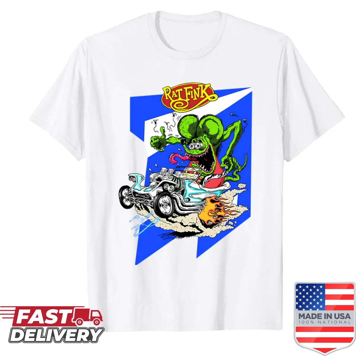 Vintage-style cartoon hot rod monster graphic on a t-shirt