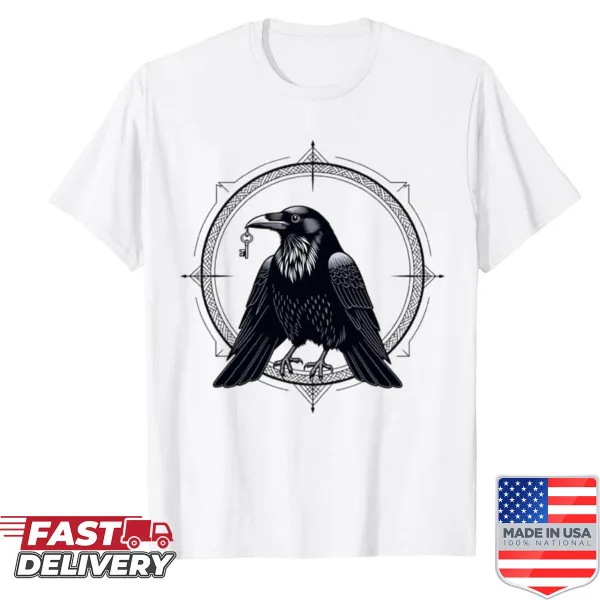 Raven totem illustration on a shirt with a detailed raven design