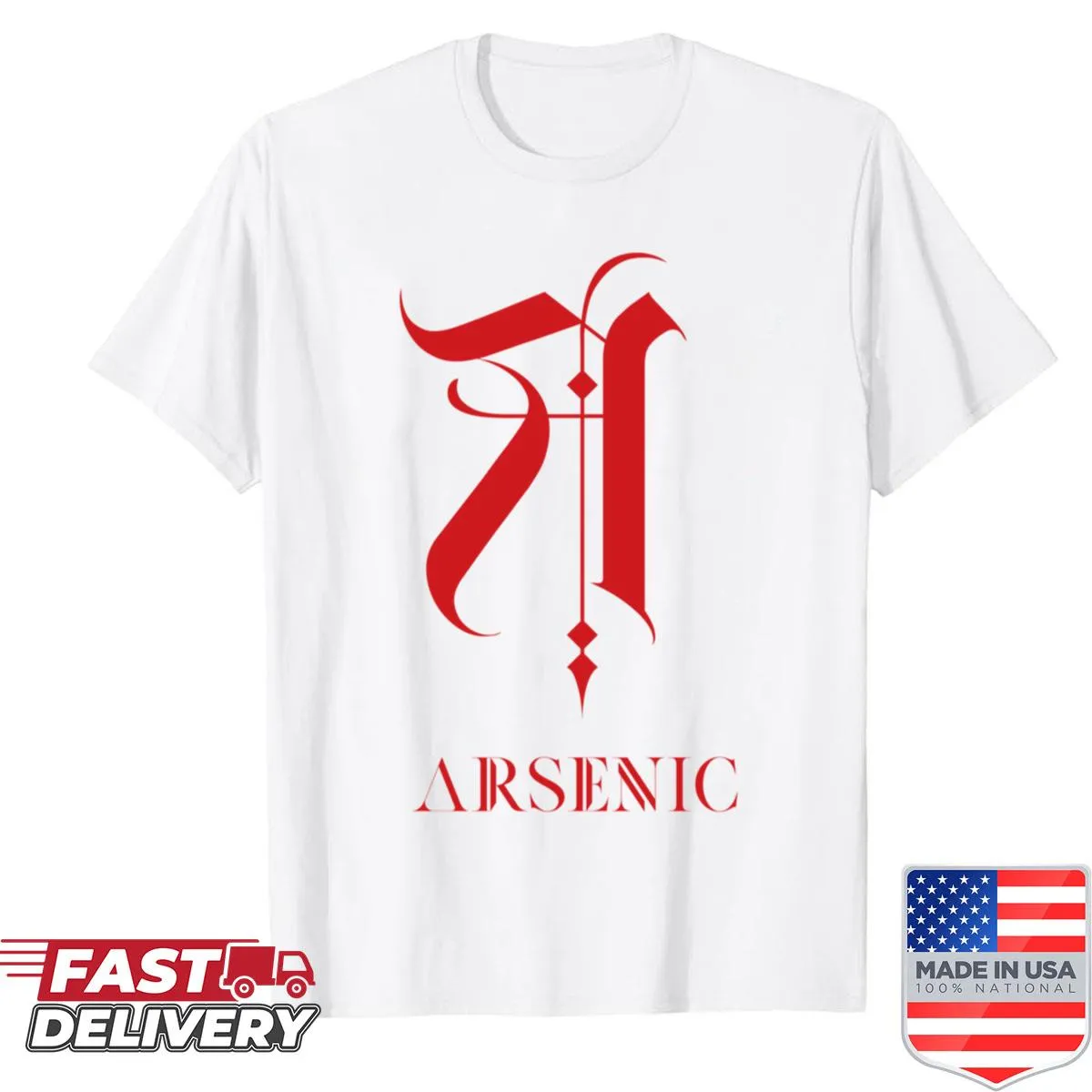 Bold Arsenic logo printed on a premium red shirt.