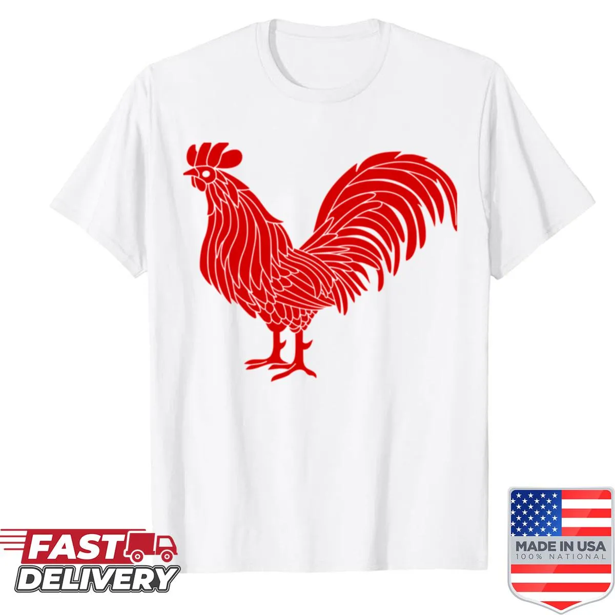Graphic rooster design on an active shirt, symbolizing farm life.