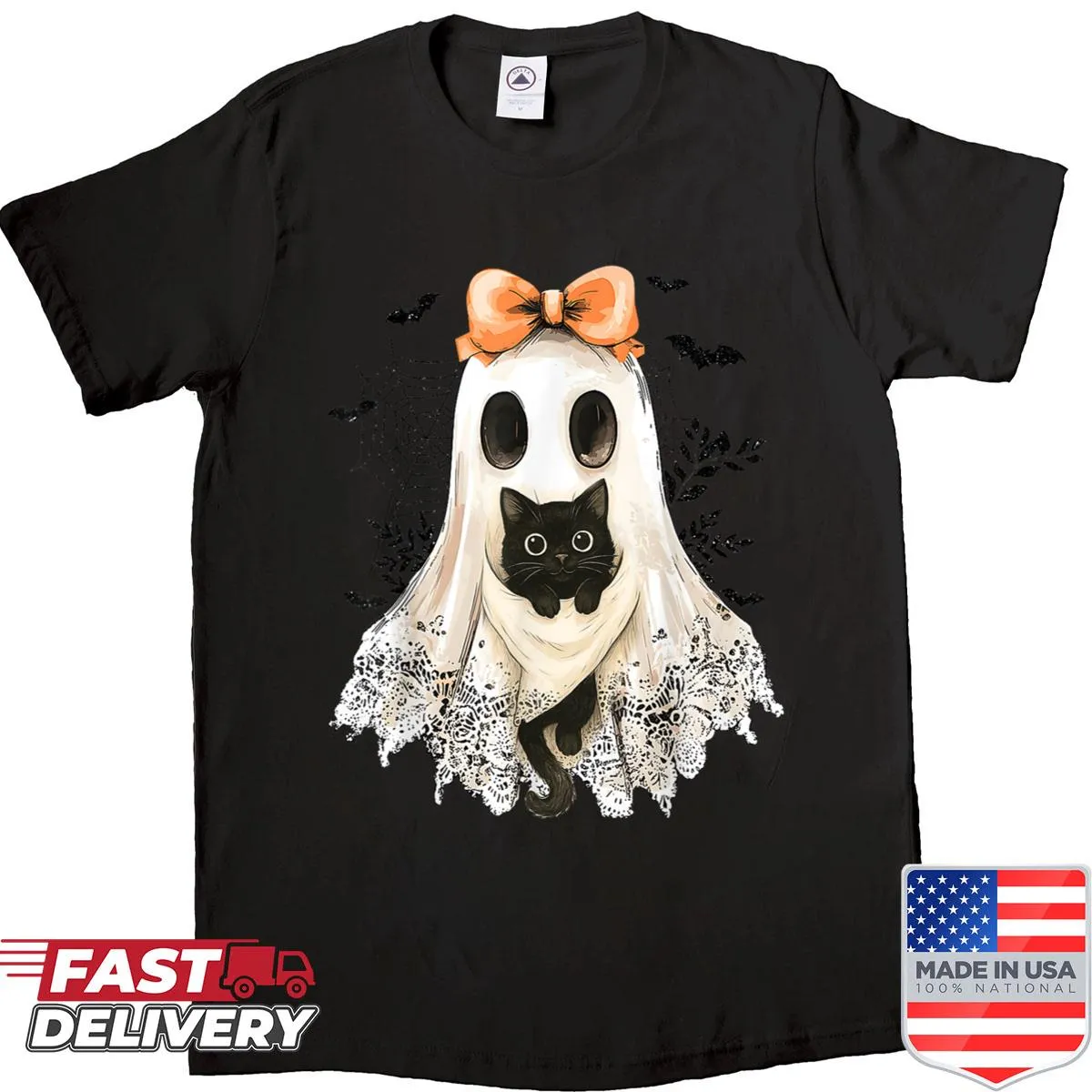 Halloween shirt with a lace ghost and black cat design