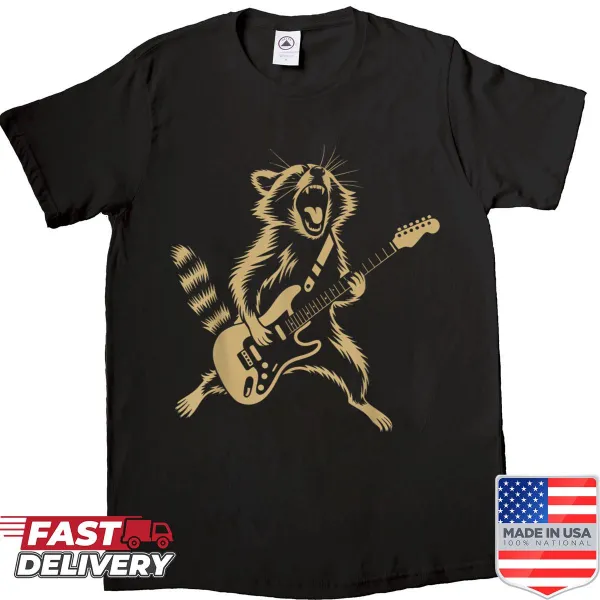 Cartoon raccoon playing guitar on a humorous music-themed shirt