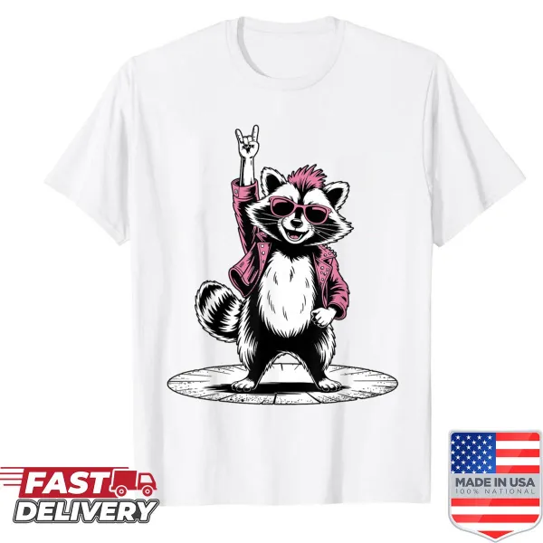 Cartoon raccoon playing guitar in a punk rock style on a shirt