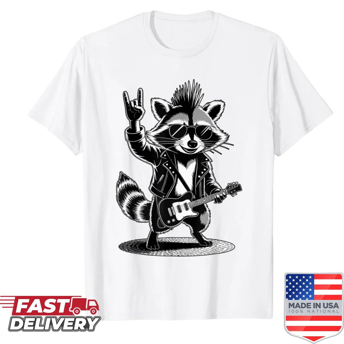 Cartoon raccoon playing rock music on T-shirt.