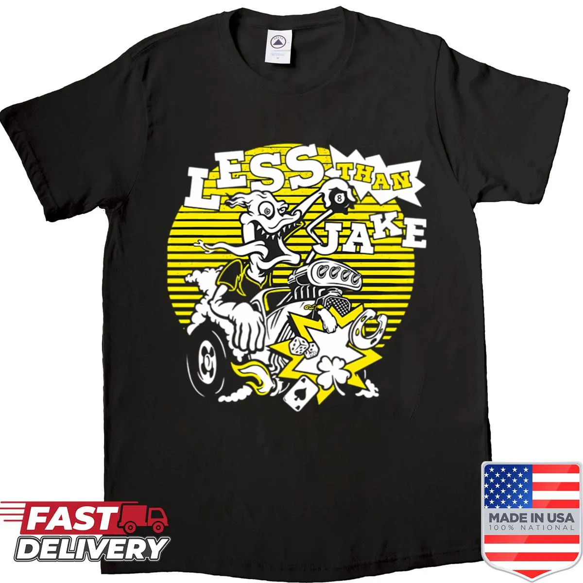 Cartoon of a monster in a hot rat rod on a playful t-shirt