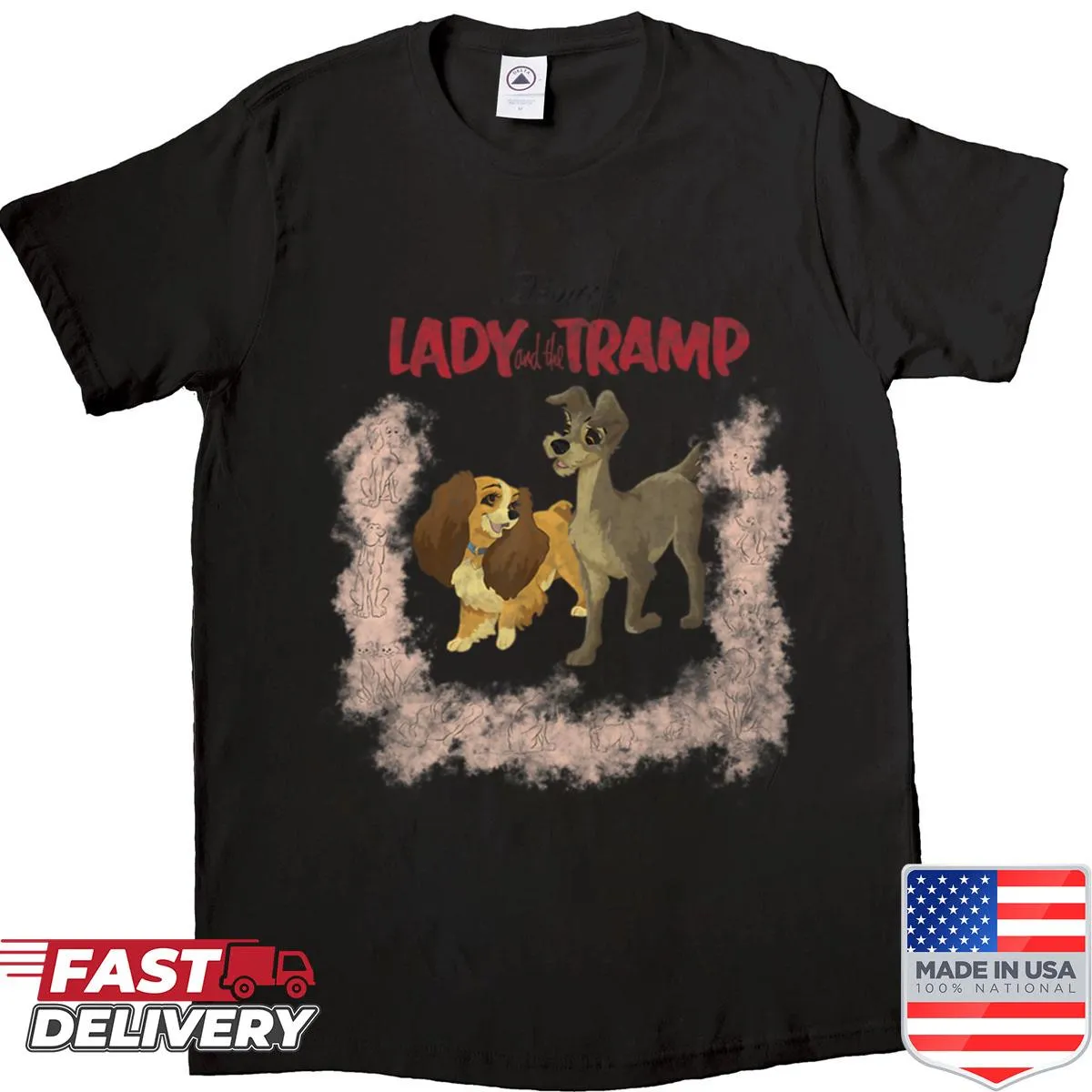 Cartoon shirt featuring a couple with spaghetti and dogs in a vintage style