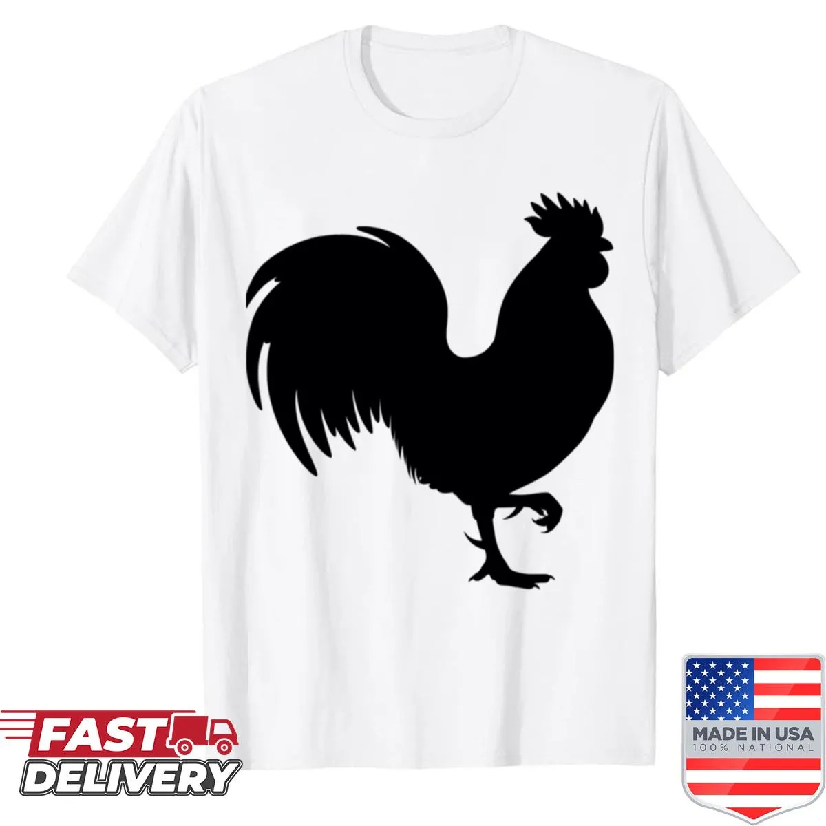 Minimalist black silhouette of a rooster on a shirt.