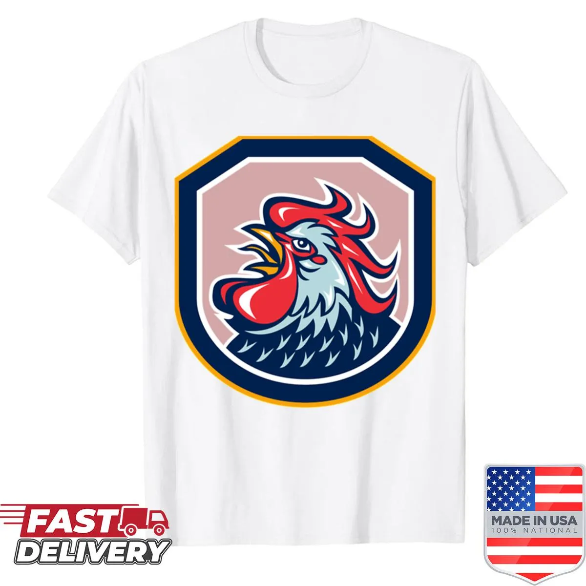 Retro rooster crowing graphic on a shield design shirt