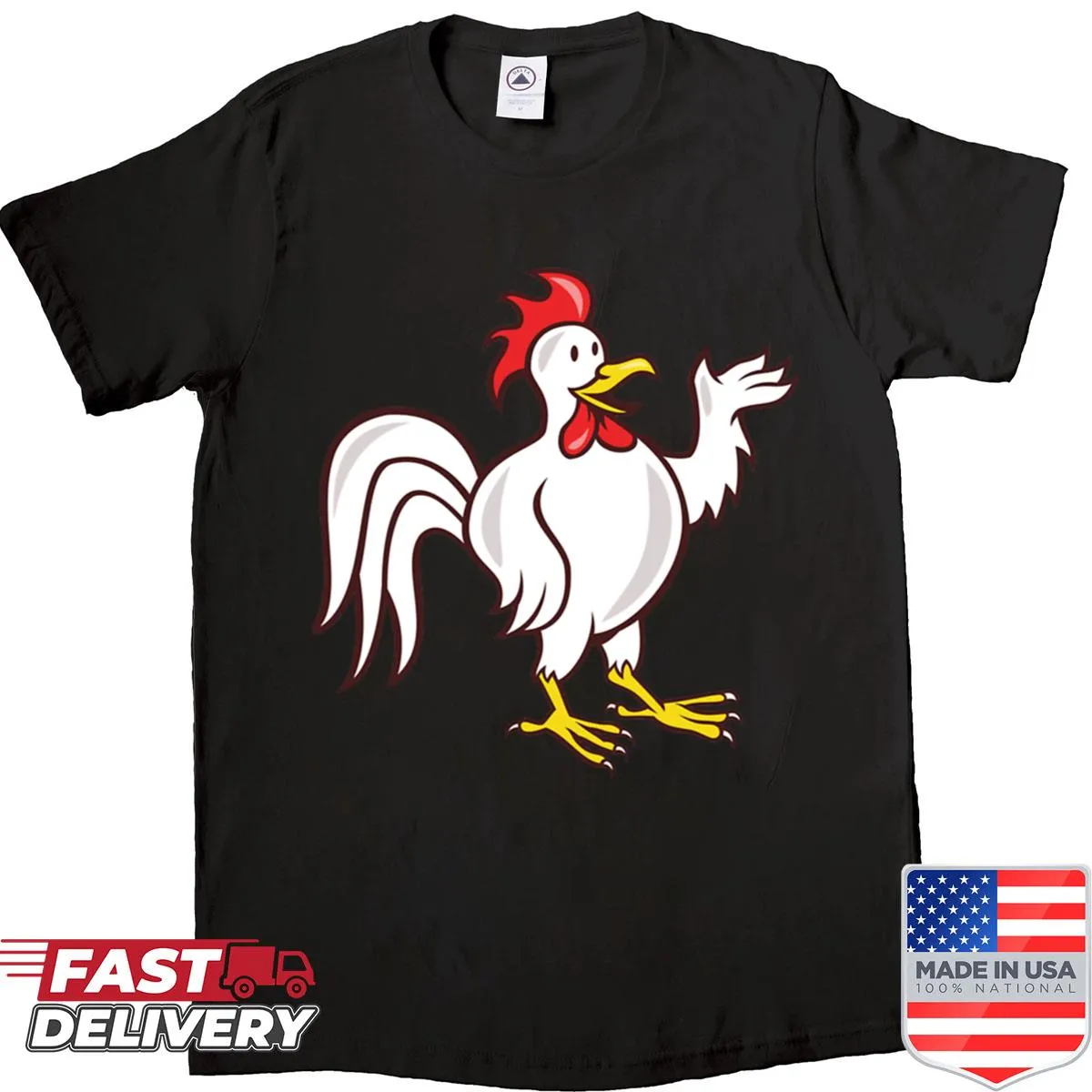 Cartoon style rooster waving hello on a T-shirt