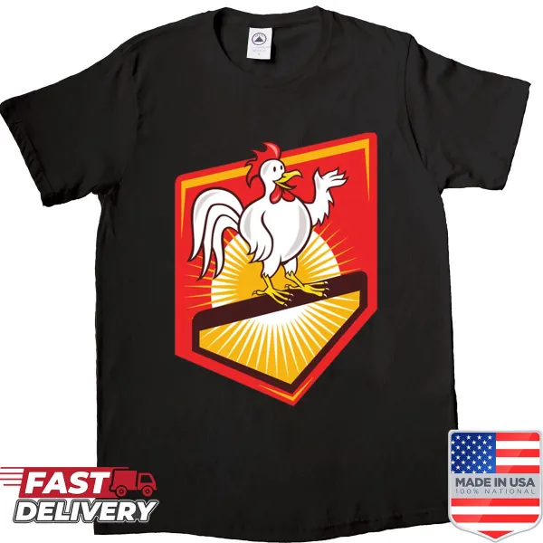 Cartoon rooster waving hello in a shield design t-shirt