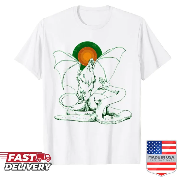 Fantasy-themed t-shirt featuring Rooster-dragon vs. Snake design