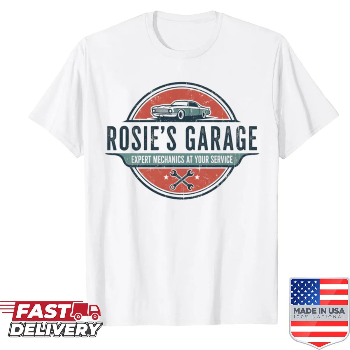 Rosies Garage mechanic shirt with vintage design