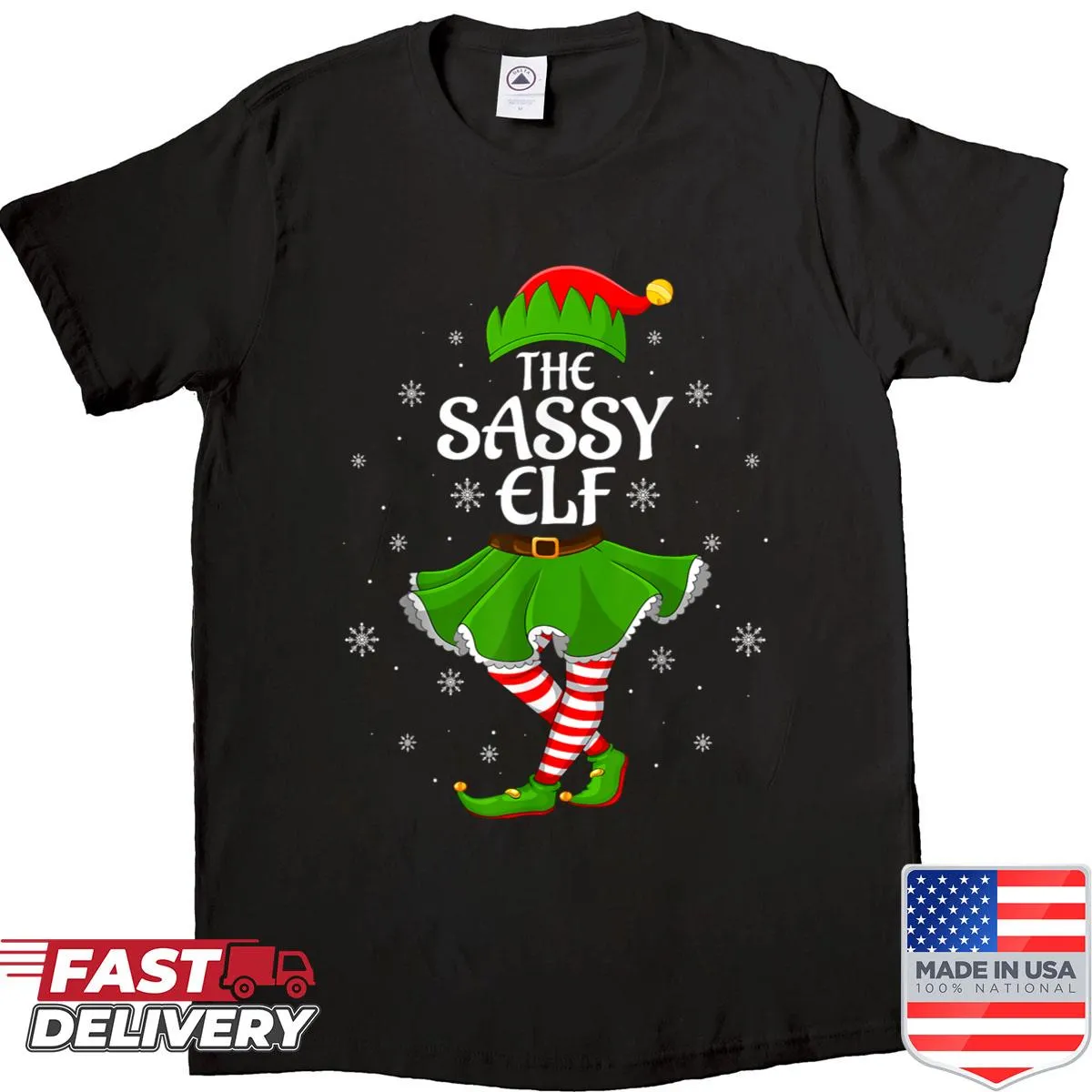 Cartoon sassy elf design on Christmas shirt for women