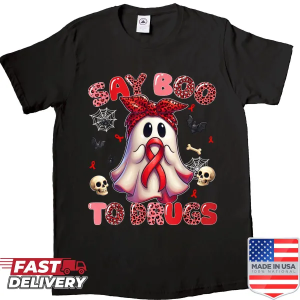 Humorous awareness shirt with a leopard design saying 'Say Boo To Drugs'