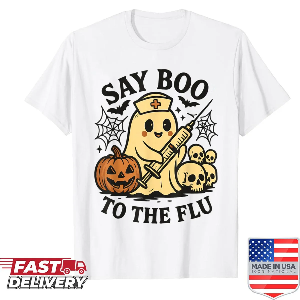 Cute ghost nurse design with vaccine theme on shirt