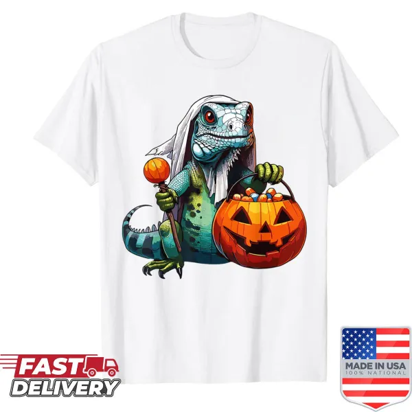 Iguana dressed as a ghost holding a candy bag for Halloween