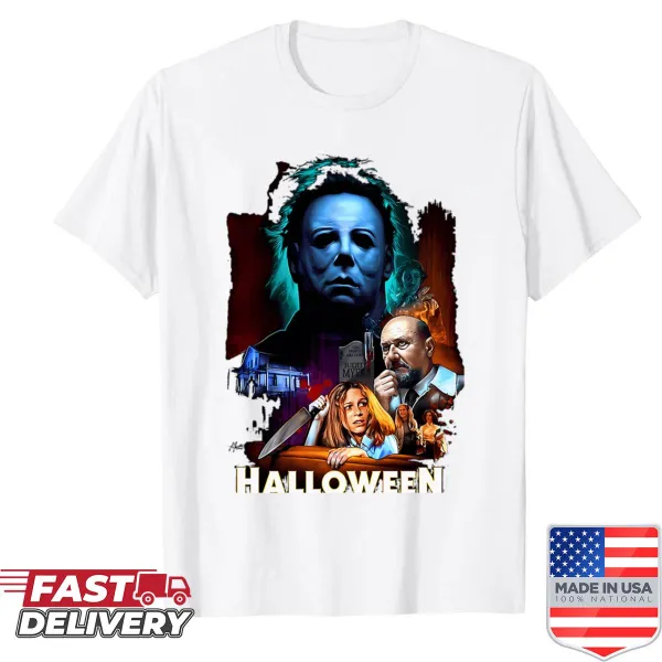 Vintage horror films logo on a distressed Halloween shirt.