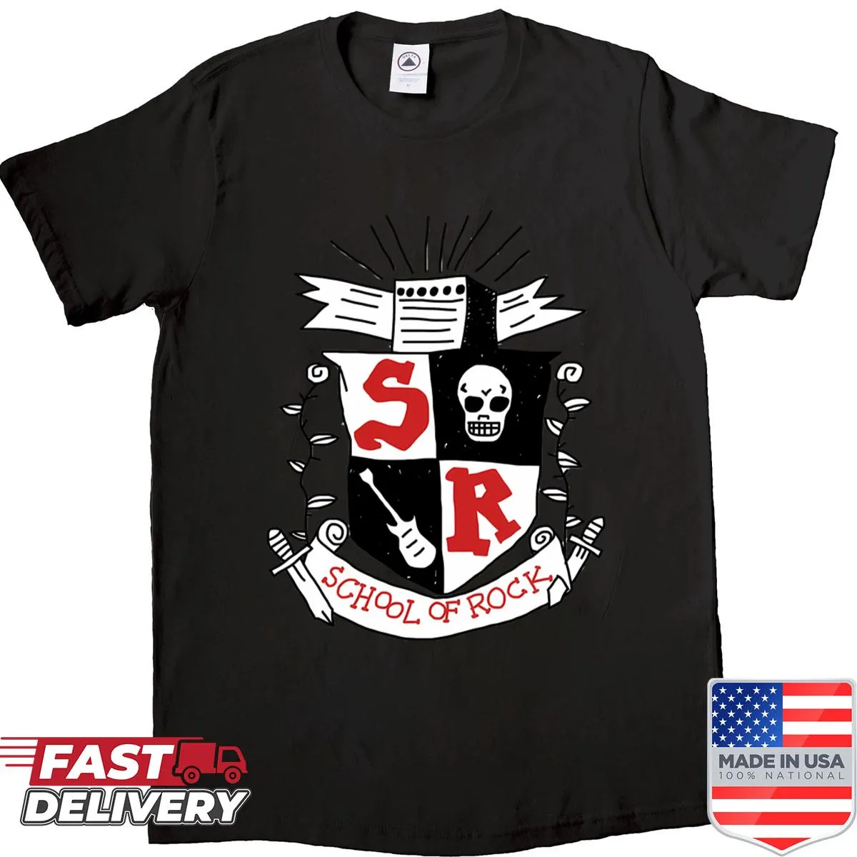 School of Rock themed t-shirt with nostalgic graphics