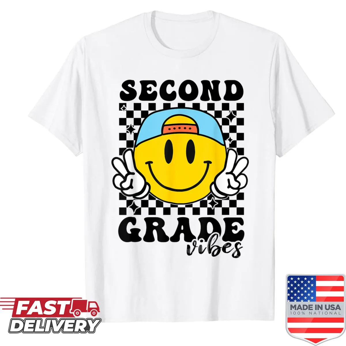 Cheerful Second Grade Vibes shirt with smiley graphic for kids
