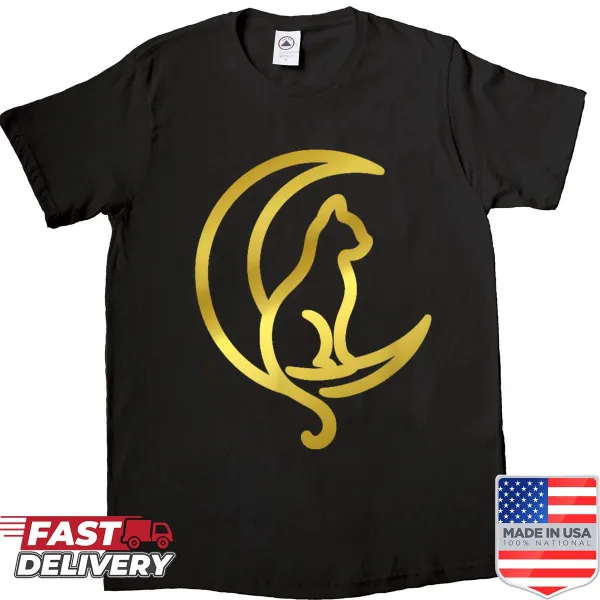 Cat sitting on crescent moon shirt with celestial design