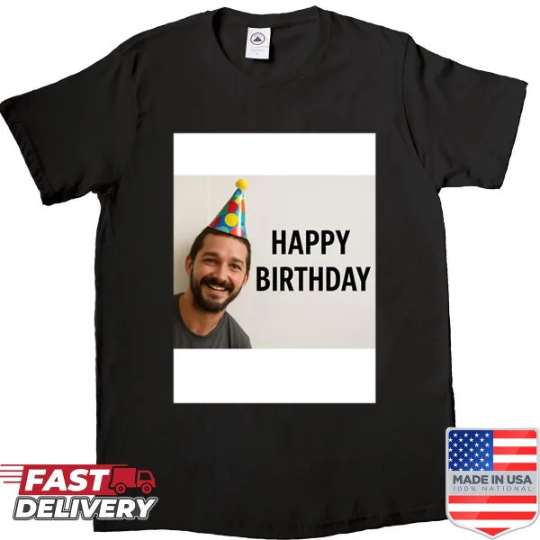 Cartoon design of Shia LaBeouf in a party hat