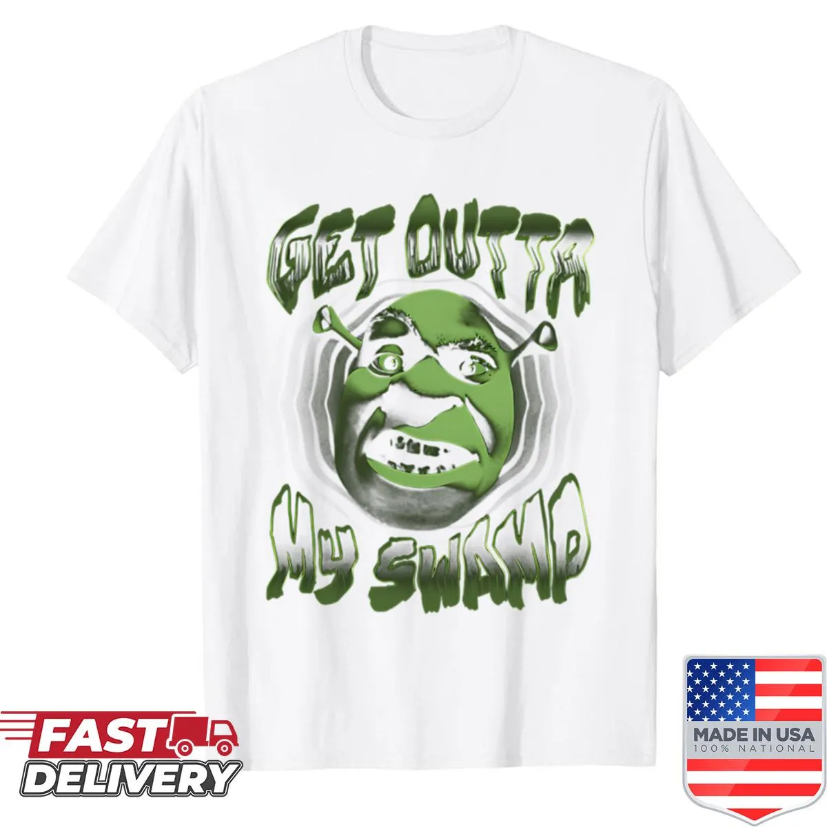 Active shirt featuring humorous Shrek graphic with swamp theme