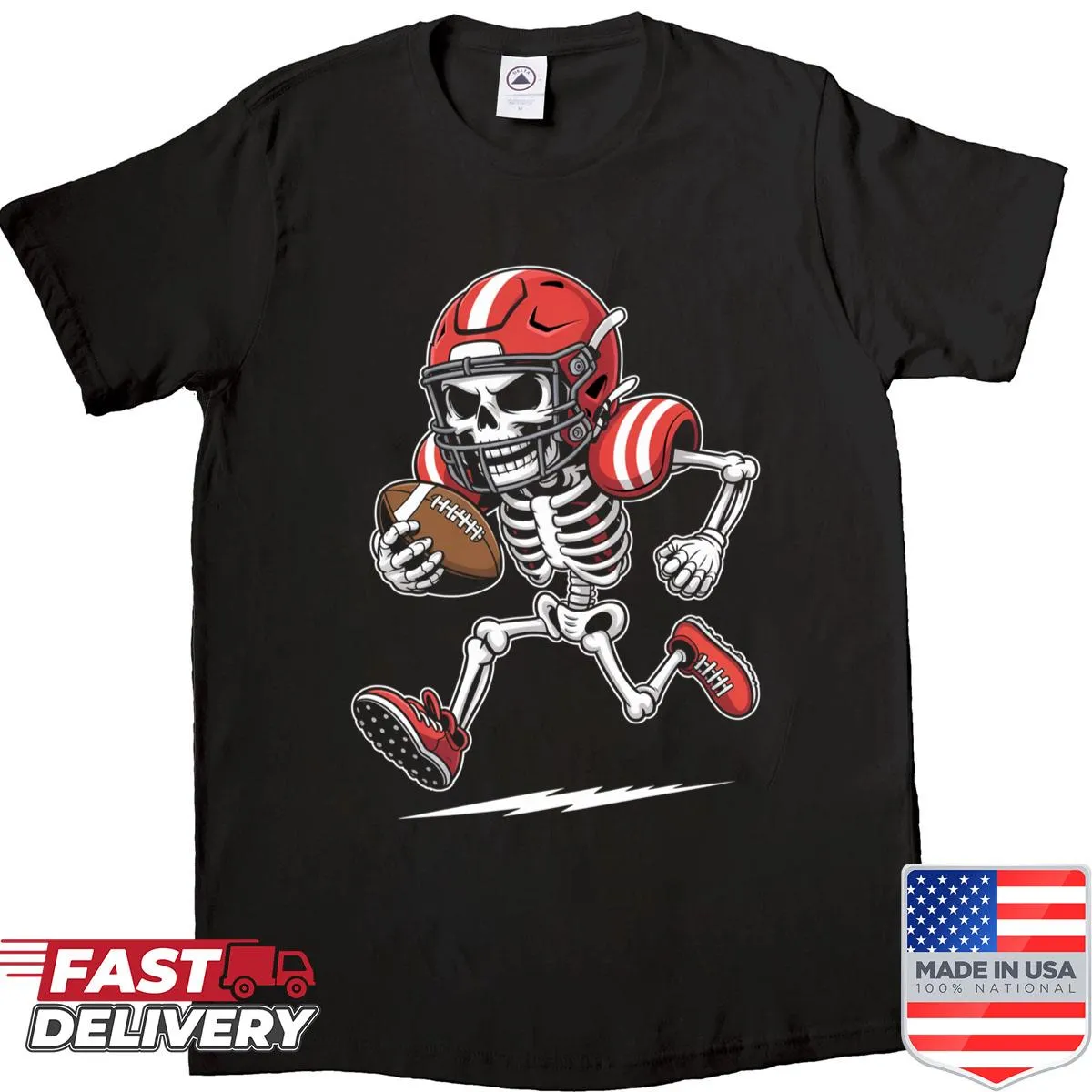 Halloween-themed shirt with skeleton playing football