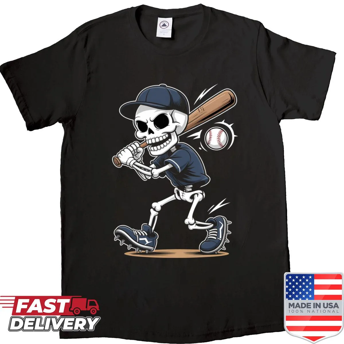 Cartoon skeleton playing baseball for Halloween on a T-shirt