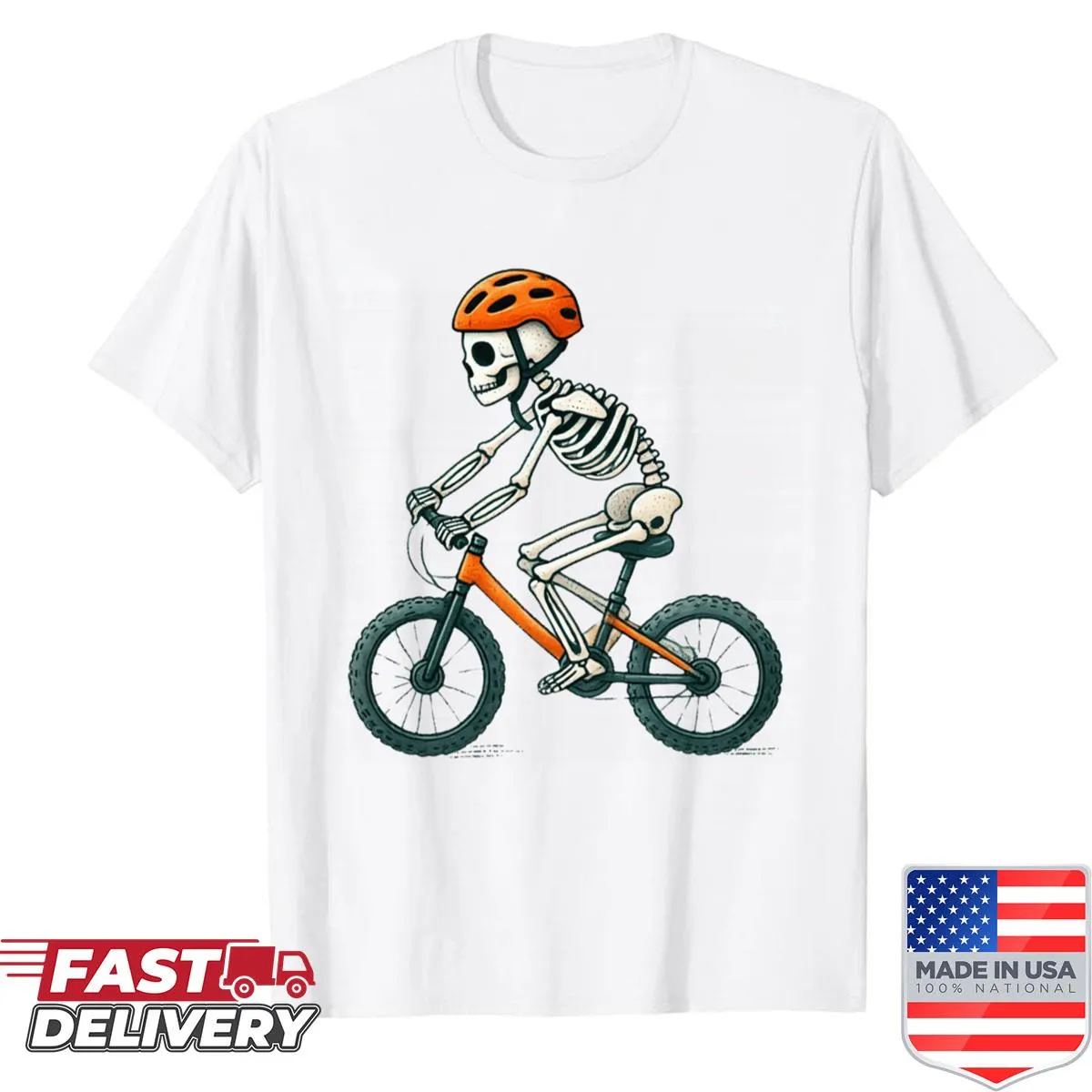 Skeleton riding a bike graphic on a kids' T-shirt