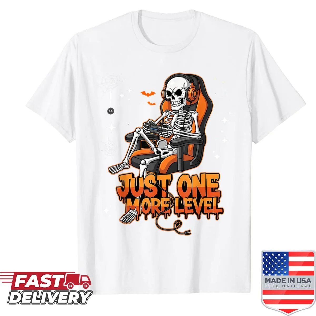 Cartoon skeleton gamer shirt designed for Halloween fun