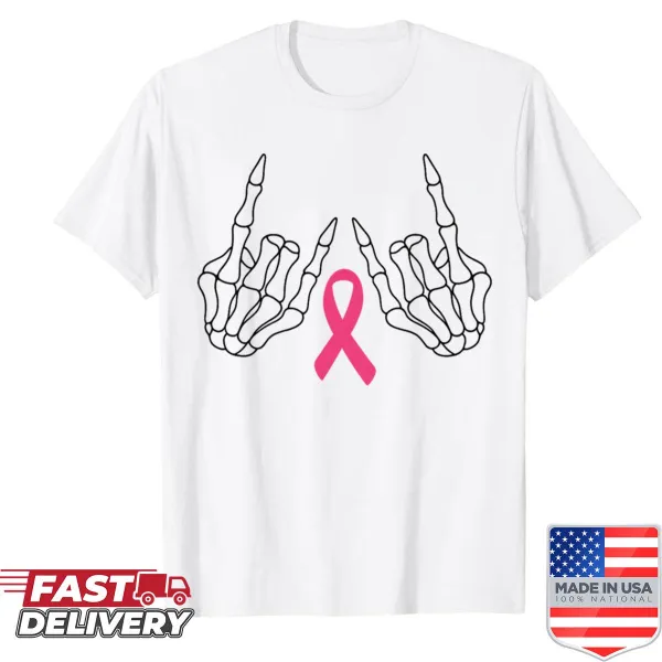 Skeleton hand holding pink ribbon for breast cancer awareness